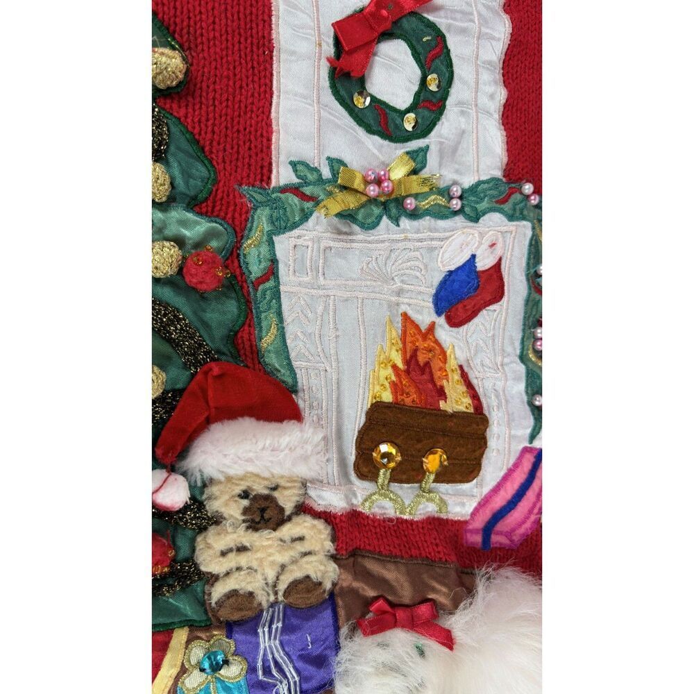 Christmas Sweater Vintage 90s 3D Embroidered Tree Scene Red Large - Picture 6 of 9